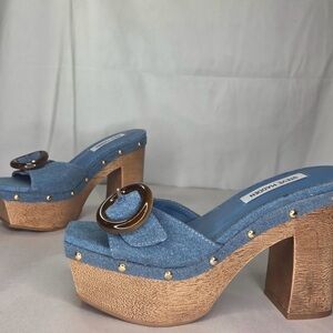 Steve Madden Light Blue Denim Platform Mules with Round Buckle